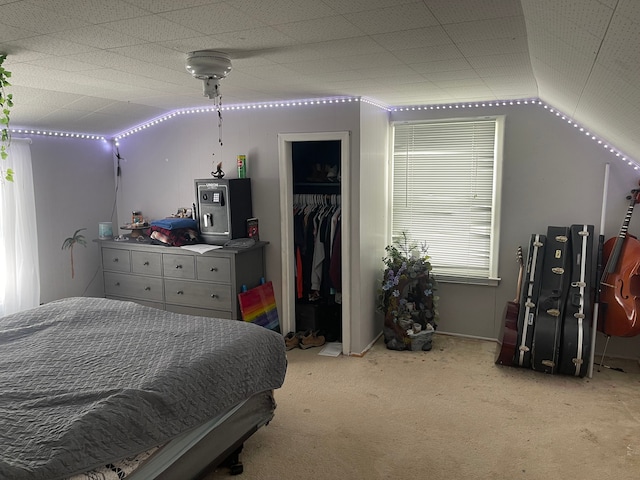 carpeted bedroom with multiple windows, a closet, and lofted ceiling