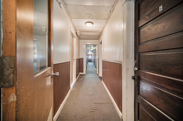 corridor featuring wooden walls