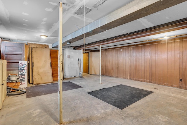 basement with wood walls