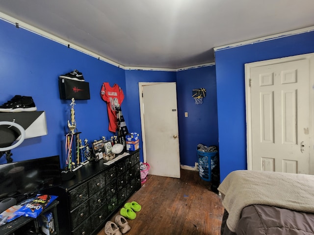 bedroom with dark hardwood / wood-style floors