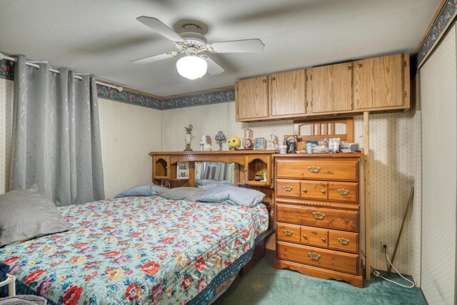 17370 Summit St, Barryton, MI 49305 - bedroom featuring carpet flooring, wallpapered walls, and ceiling fan