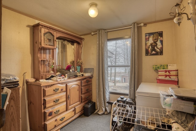 miscellaneous room featuring carpet and crown molding