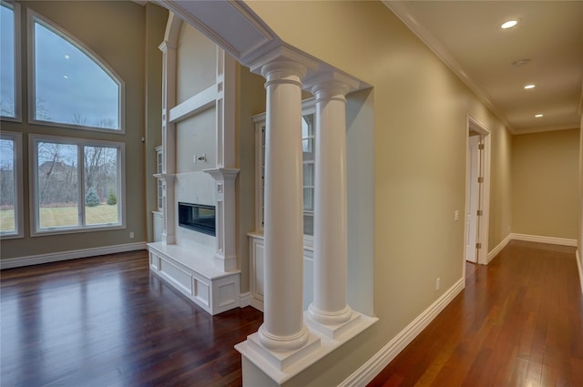 interior space featuring decorative columns, ornamental molding, dark hardwood / wood-style floors, and a high end fireplace