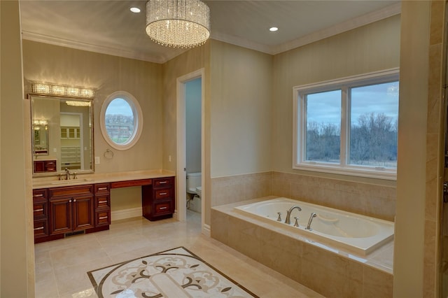 bathroom featuring toilet, ornamental molding, vanity, a relaxing tiled tub, and tile patterned flooring