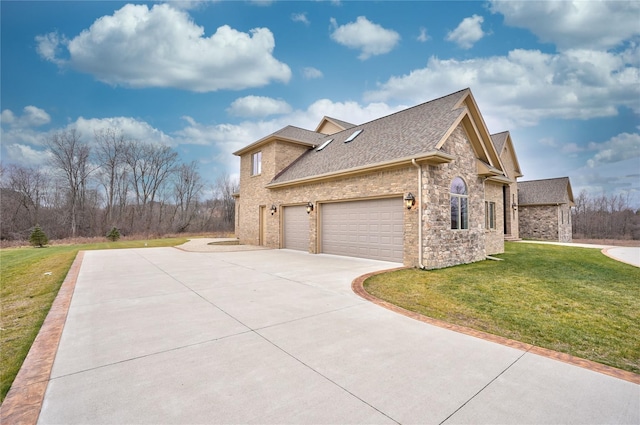 8498 Highgrove Ct, Grand Blanc, MI 48439 - view of side of home with driveway, a lawn, a shingled roof, stone siding, and an attached garage