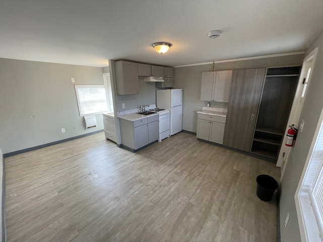 kitchen with gray cabinetry, light hardwood / wood-style floors, and white appliances