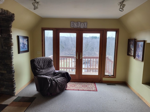 entryway featuring vaulted ceiling, french doors, carpet, and track lighting