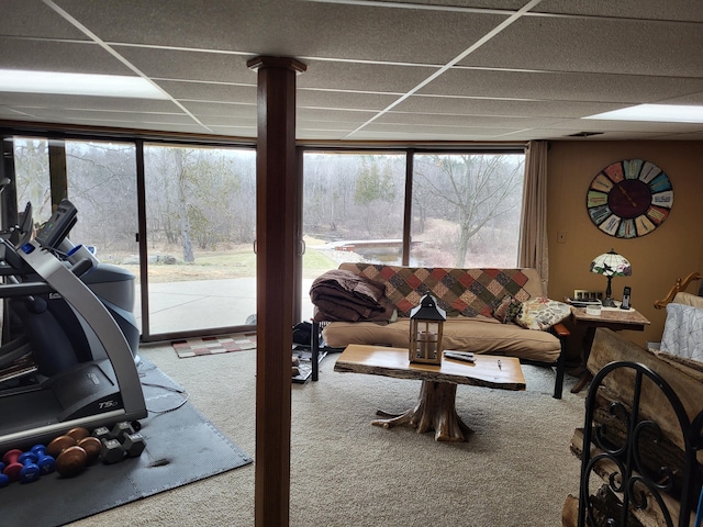 living room with carpet floors and a drop ceiling