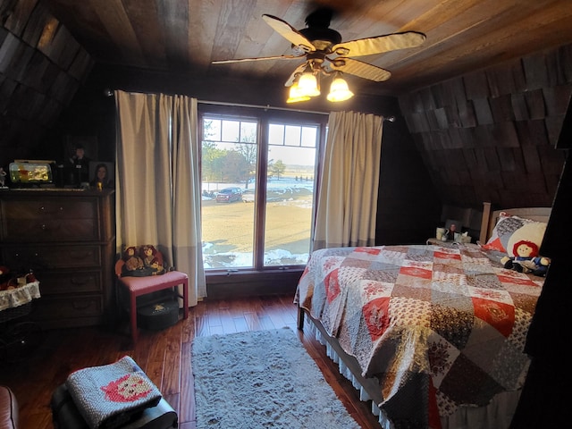 bedroom with wood ceiling, ceiling fan, dark hardwood / wood-style floors, and vaulted ceiling