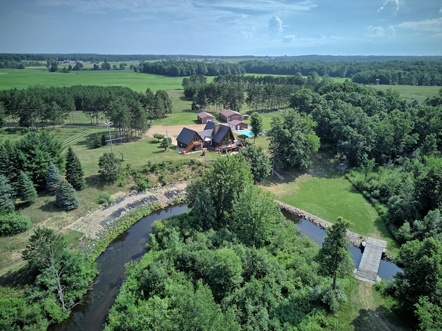 aerial view featuring a rural view and a water view