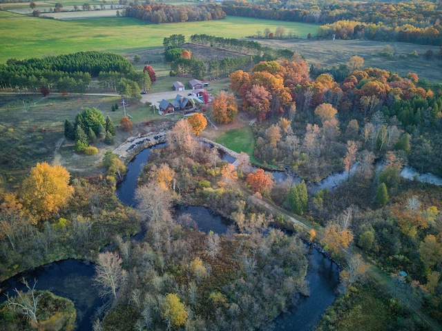 aerial view featuring a rural view and a water view