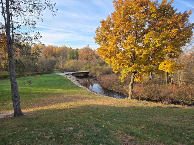 view of community with a lawn and a water view