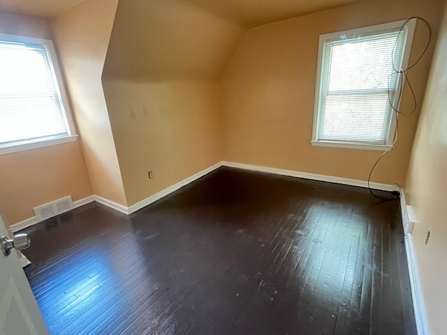 additional living space featuring a wealth of natural light, dark hardwood / wood-style flooring, and vaulted ceiling