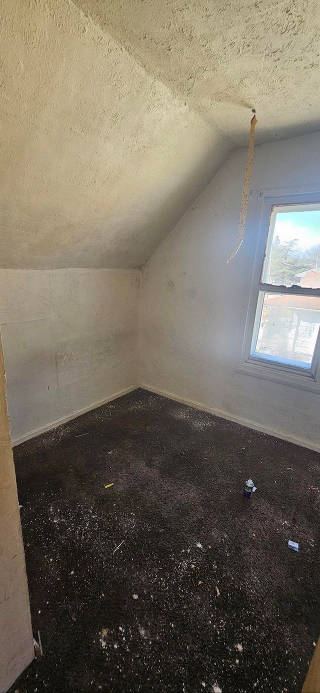 additional living space with a textured ceiling and vaulted ceiling