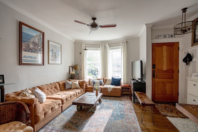 living room featuring crown molding, wood-type flooring, and ceiling fan with notable chandelier