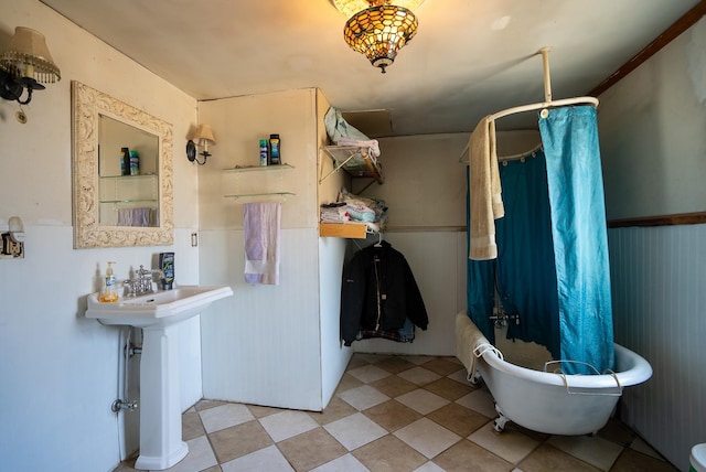 bathroom with plus walk in shower and ornamental molding