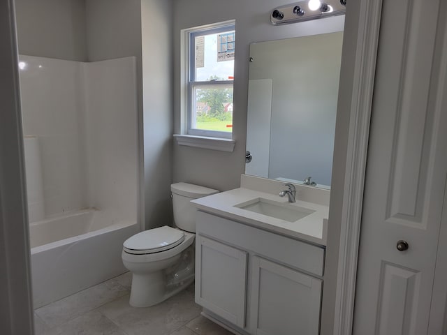 full bathroom featuring toilet, tile patterned floors,  shower combination, and vanity