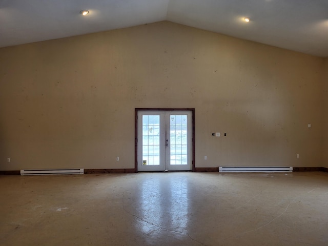 5300 Belford Rd, Holly, MI 48442 - empty room with a baseboard radiator, concrete flooring, french doors, and high vaulted ceiling