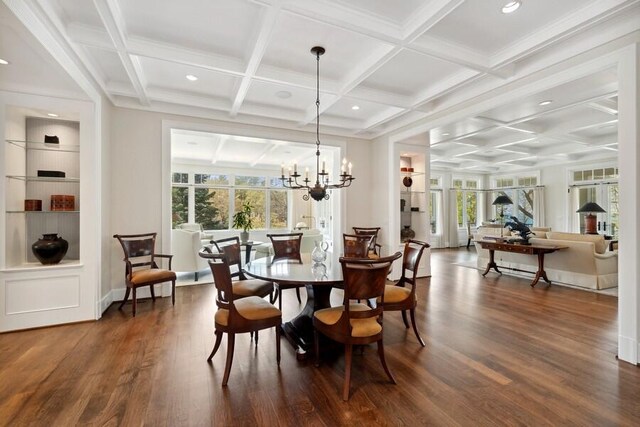 49106 Sun Valley Falls Blvd, New Buffalo, MI 49117 - dining room featuring coffered ceiling, plenty of natural light, dark wood-style flooring, recessed lighting, and a chandelier