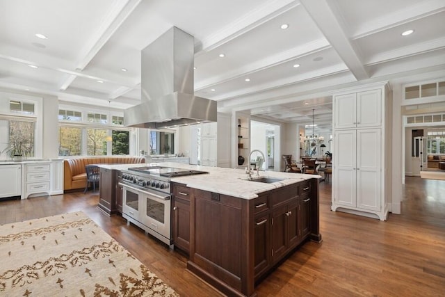 49106 Sun Valley Falls Blvd, New Buffalo, MI 49117 - kitchen featuring coffered ceiling, island range hood, a sink, double oven range, and dark wood finished floors
