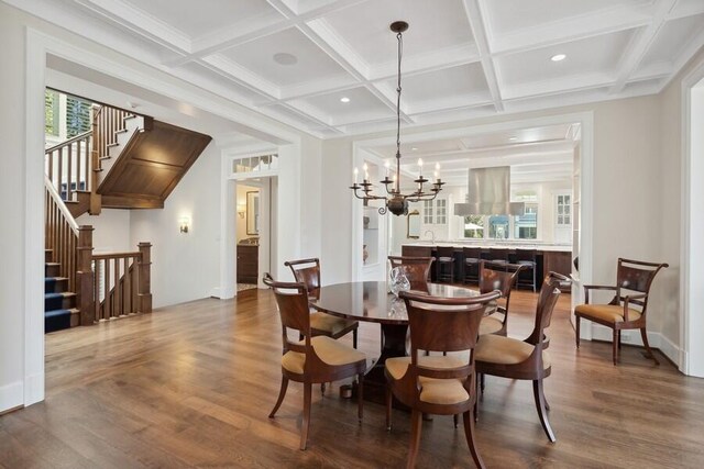 49106 Sun Valley Falls Blvd, New Buffalo, MI 49117 - dining room with a chandelier, dark wood-style flooring, coffered ceiling, stairway, and beam ceiling