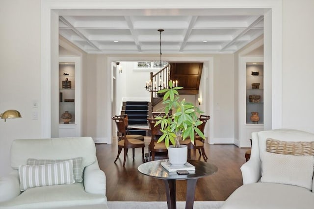 49106 Sun Valley Falls Blvd, New Buffalo, MI 49117 - living area with stairs, wood finished floors, baseboards, built in features, and beam ceiling