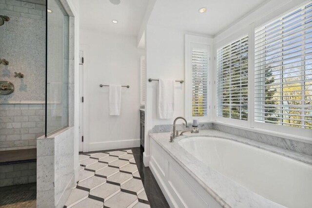 49106 Sun Valley Falls Blvd, New Buffalo, MI 49117 - full bath featuring a garden tub, walk in shower, baseboards, and recessed lighting