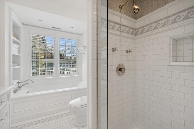 49106 Sun Valley Falls Blvd, New Buffalo, MI 49117 - bathroom with a shower stall, toilet, a garden tub, and tile patterned floors
