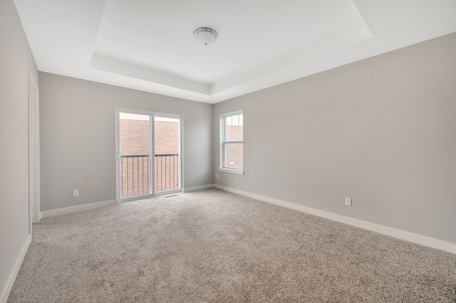 carpeted empty room featuring a tray ceiling