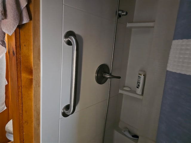 interior details with a shower with shower door