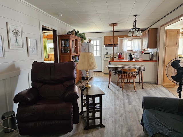 living room featuring wood walls and light hardwood / wood-style floors