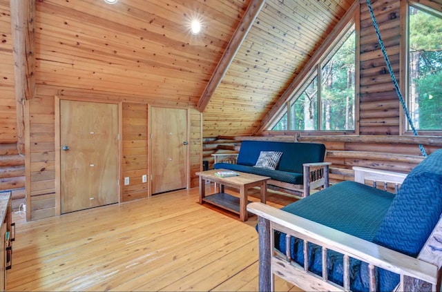 living area with rustic walls, high vaulted ceiling, wooden ceiling, and light wood-type flooring