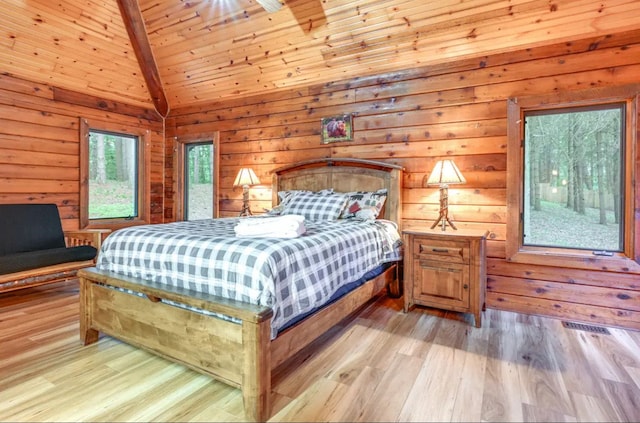 bedroom featuring wood walls, high vaulted ceiling, beam ceiling, light hardwood / wood-style floors, and wood ceiling