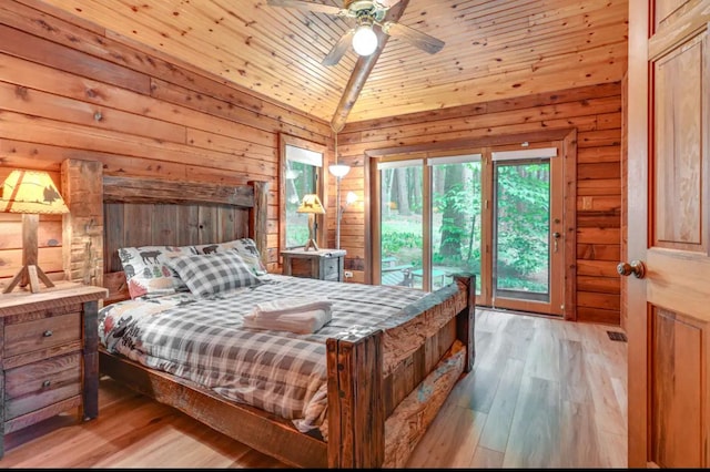 bedroom with access to outside, ceiling fan, wooden ceiling, light hardwood / wood-style floors, and lofted ceiling