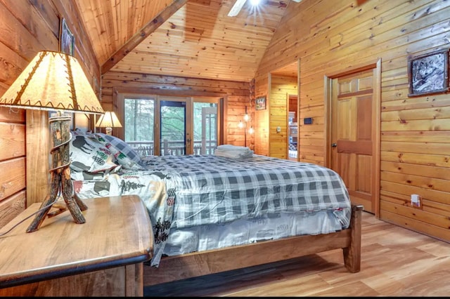 bedroom with wooden walls, wood ceiling, and hardwood / wood-style flooring