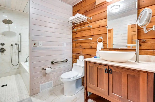 bathroom with wooden walls, vanity, wood ceiling, and toilet