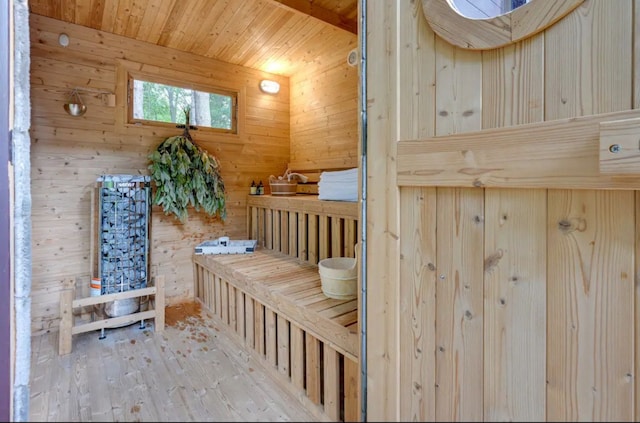 view of sauna with hardwood / wood-style floors