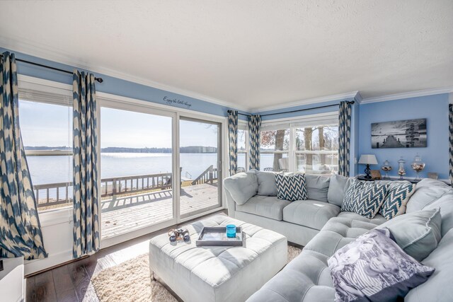 living room featuring a wealth of natural light, crown molding, a water view, and dark hardwood / wood-style floors