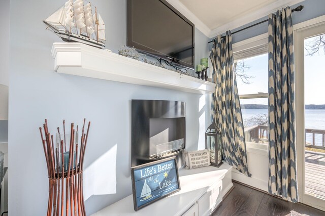 interior details featuring hardwood / wood-style floors, a water view, and crown molding