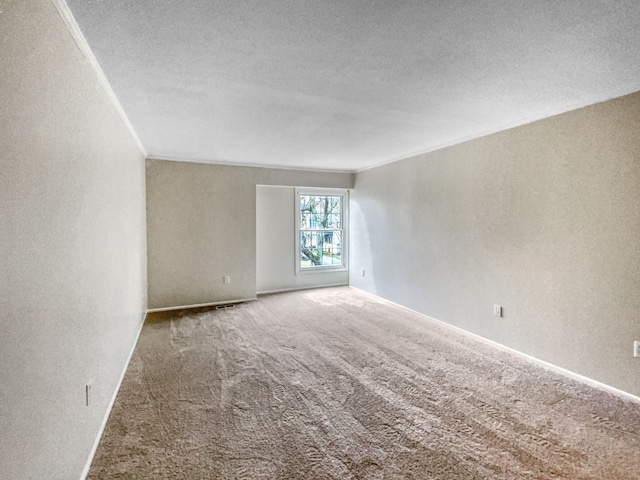 carpeted empty room with ornamental molding and a textured ceiling