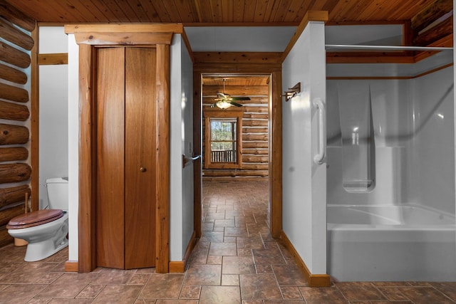 bathroom with ceiling fan, toilet, wood ceiling, and rustic walls