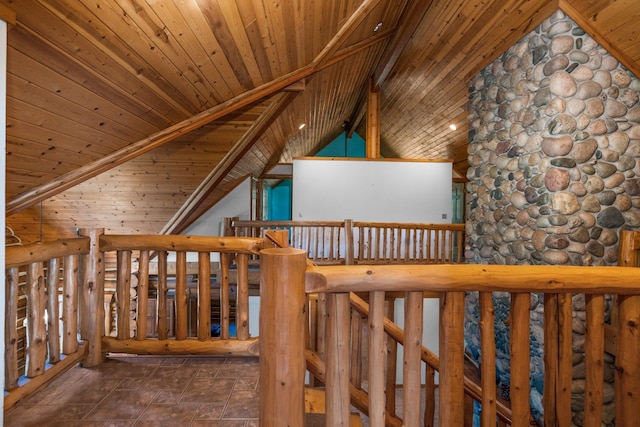 interior space with tile patterned flooring, lofted ceiling, and wood ceiling