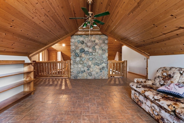 interior space with vaulted ceiling, ceiling fan, wooden walls, and wood ceiling