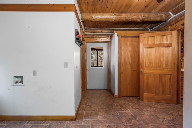 hall with beam ceiling and wooden ceiling