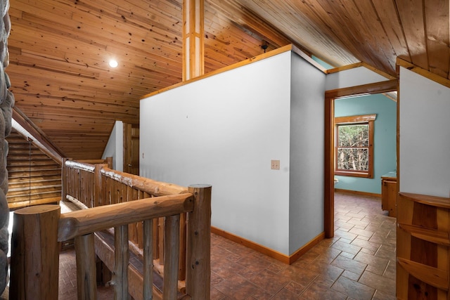 corridor featuring lofted ceiling and wood ceiling