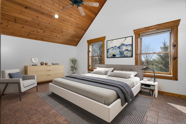 bedroom featuring high vaulted ceiling, ceiling fan, and wooden ceiling