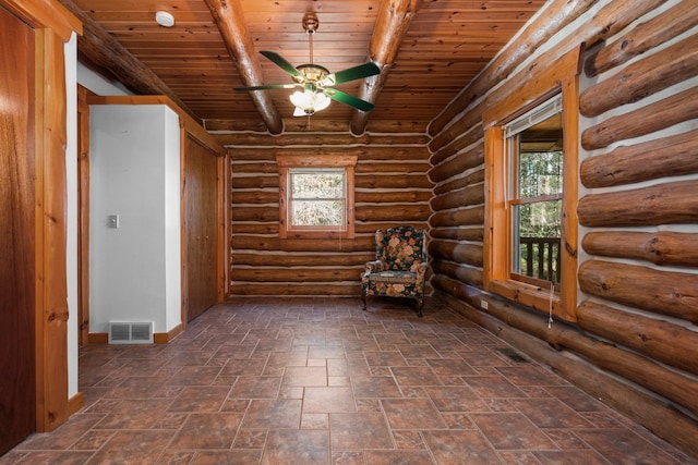 interior space with ceiling fan, beam ceiling, wooden ceiling, and rustic walls