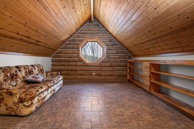 additional living space with wood ceiling, rustic walls, and lofted ceiling with beams