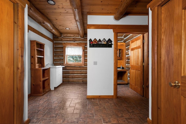 hallway featuring beam ceiling, wood ceiling, and log walls