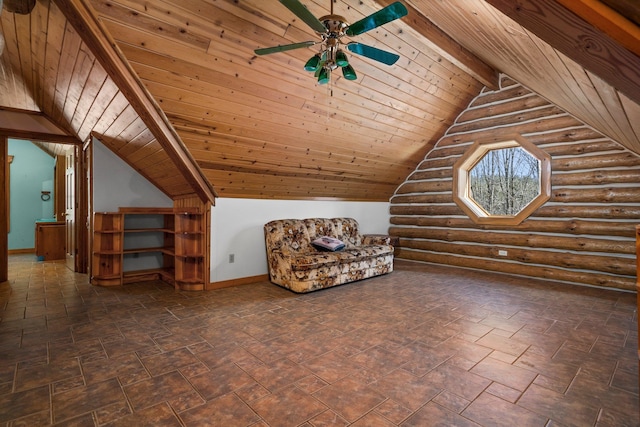 bonus room with log walls, lofted ceiling with beams, ceiling fan, and wooden ceiling